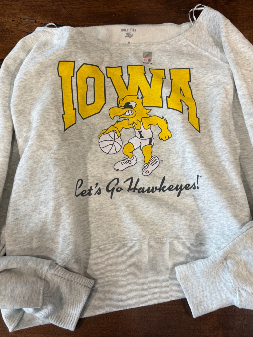 Hollister Gray Off-the-Shoulder Sweatshirt with Yellow Iowa Graphic